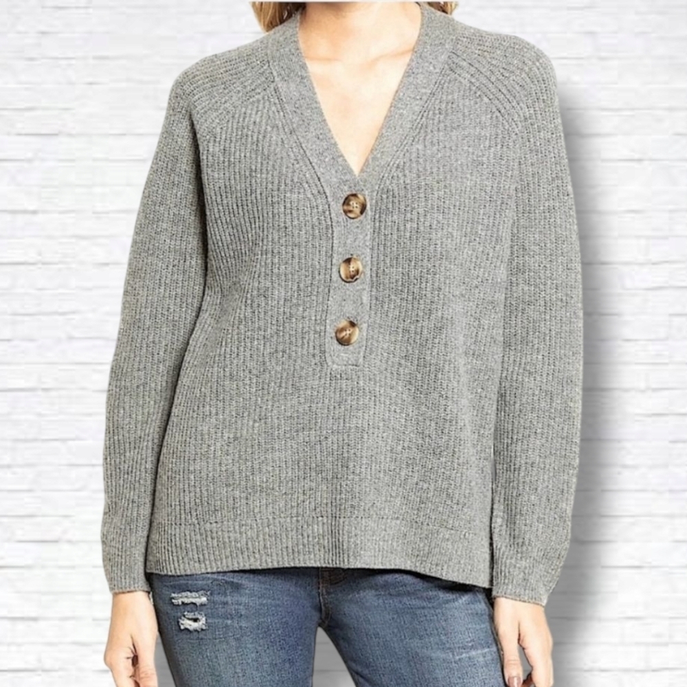 Madewell "Lyle" Grey Ribbed Henley Wool Blend Knit Boxy Fit Sweater Size S